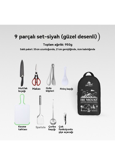 Açık Ocak Dokuz Parçalı Kamp Barbekü Paslanmaz Çelik Kesici Kesme Tahtası 9 Parçalı Siyah Baskı Seti Siyah