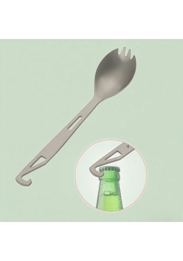 Vkemall Titanium Çatal Kaşık Ve Şişe Açıcı 2'li Fonksiyonlu, 16.2cm Hafif Dayanıklı, Kamp Ve Doğa Aktivitesi İçin Gümüş