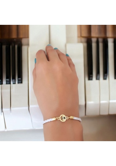 Archin Atatürk Temalı Doğal Beyaz Derili Ay Motifli 14 Ayar Altın Plakalı Hediye Bileklik-477sembol Atatürk Sembolü