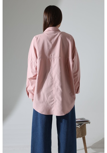 Yeni Sezon Poplin Kumaş Çift Cepli Oversize Pamuklu Kadın Tunik Gömlek Açık Pembe