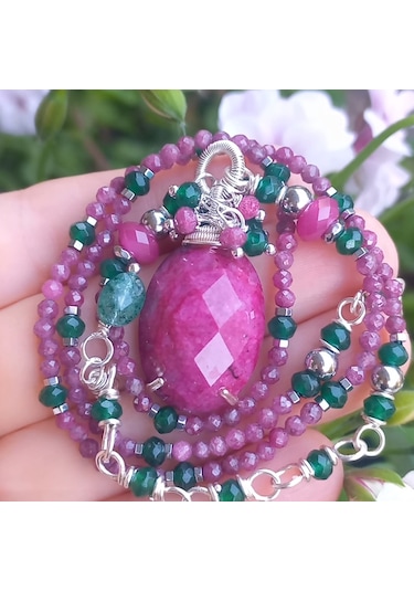 2790 Sıkma Yakut Yeşil Akik Hematit Kuvars El Yapımı Kolye 046 - Pembe