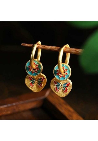 Tongxida Al Yuan Yeni Çin Retro Emaye Damla Kelebek Küpe Premium Niş Vahşi Mizaç Moda Orta Küpeler Metalik Takı Metalik