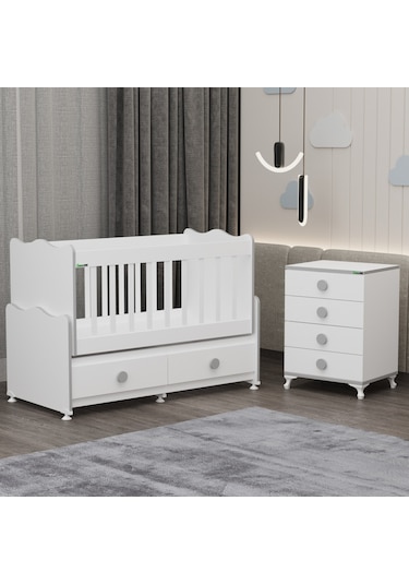 Elegant Mdf Çıtalı Beşik + Şifonyer - Gri Beyaz