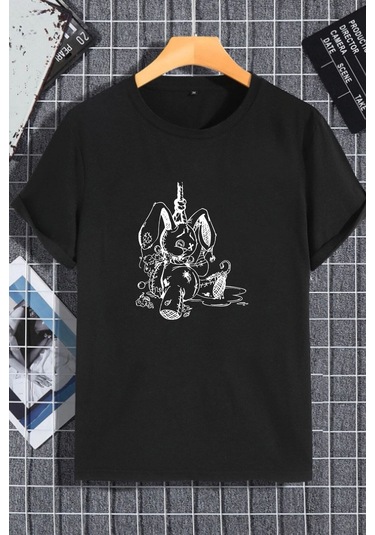 Unisex Kadın Erkek Tavşan Ip Baskılı Oversize T-shirt Siyah Mck2299 Siyah