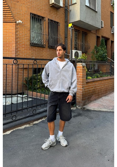 Flaw Nakışlı Zip Hoodie Gri Melanj Gri Melanj