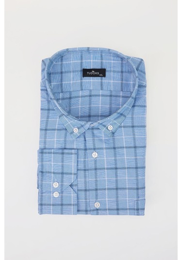 Tudors Büyük Beden Düğmeli Yaka Kareli Pamuklu Mavi Erkek Gömlek-29039-mavi Mavi