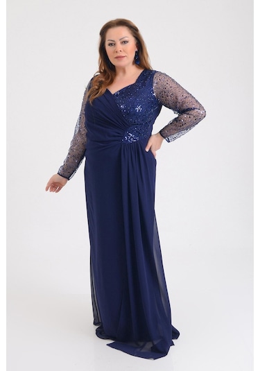 Lilas Xxl Kadın Büyük Beden Şifon Uzun Abiye Elbise 9651 Lacivert Lacivert