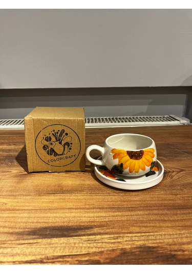 Sarı Çiçek Des Seramik Kupa Mug, Double Türk Kahvesi Filtre Kahve