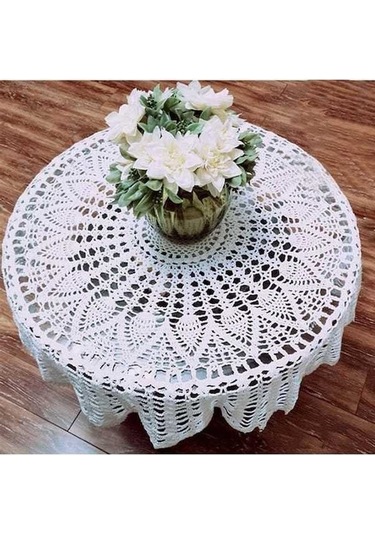 Pazly El İşi Dantel Masa Örtüsü - Pamuklu Yuvarlak Çiçek Desen Beyaz 65-70 Cm Beyaz