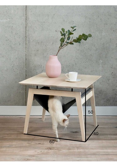 Minimalist Ahşap Yan Sehpa Ve Gizli Kedi Hamağı