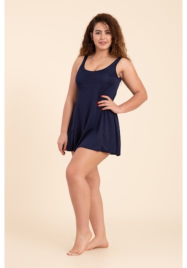 Kadın Büyük Beden Düz Askılı Etekli Elbise Mayo Lacivert-lacivert 30643 - 1 Lacivert