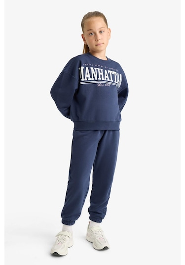 Defacto Kız Çocuk 2li Takım Baskılı Sweatshirt Eşofman Altı E6416a825aunv256 Lacivert