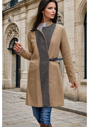 Karamel, Deri Tokalı, Zincir Garnili, Hakim Yaka, Kaşe Kaban Sütlü Kahverengi