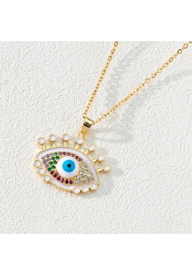 Takı: Titanyum Çelik Köprücük Kimi Zinciri, Renkli Zirkon Taşlı Göz Pandantif, Şeytan Gözü Kolye Altın Sarısı Çok Renkli