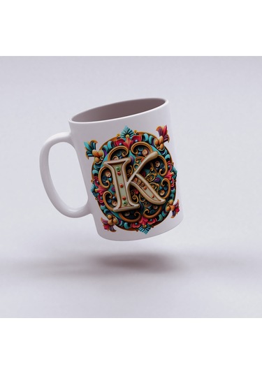 K Harfi Boho Bardak, Renkli Özel Tasarım Hediyelik Harfli Kupa, 330ml Porselen Beyaz