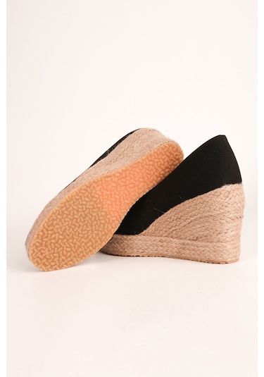 Siyah Platformlu Keten Espadril Dolgu Topuk Siyah