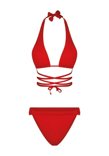 Bonesta Chandra Üçgen Bağlamalı Büzgü Detaylı Kırmızı Bikini Takımı