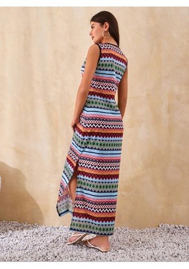 Kadın Bisiklet Yaka Cizgi Desen Süprem Elbise Haki