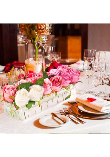 2 Akrilik Vazo Seti Dikdörtgen Şeffaf Çiçek Masa Centerpieces, Dize Işıkları İle Ev Düğün Masa Süslemeleri İçin 14 İnç Uzun Dikdörtgen Akrilik Vazolar Şeffaf