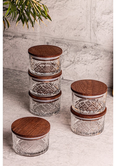 Snippy Milla 6'lı Ahşap Vakumlu Kapaklı Cam Kahvaltılık Ahşap - Şeffaf