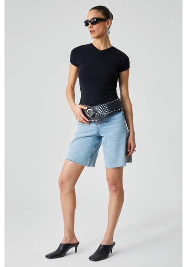 Grımelange Marta Kadın Yuvarlak Yaka Kısa Kol Slim Siyah T-shirt Siyah