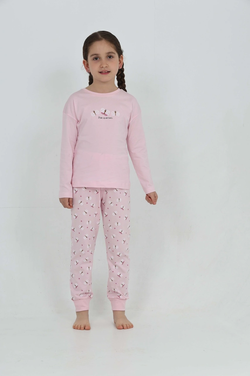 Toontoy Kız Çocuk Kelebek Baskılı Pijama Takım Açık Pembe