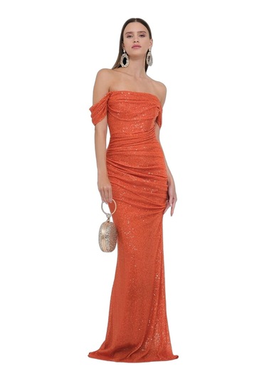 Explosion Tek Omuz Maxi Pırıltılı Gece Elbisesi - Özel Günler İçin Turuncu