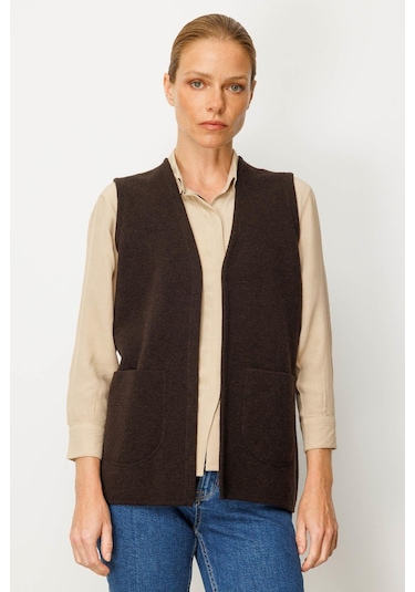 Desen Triko Kadın V Yaka Çelik Örgü Yün Anne Yelek 25044 Koyu Kahve Koyu Kahve