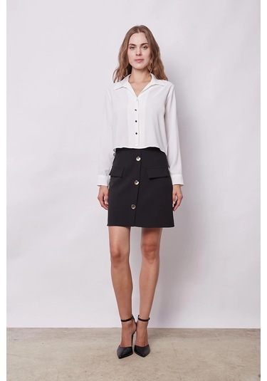 Kadın Likrasız Şık Kumaş Yakalı Uzun Kol Kısa Gömlek-krem Krem