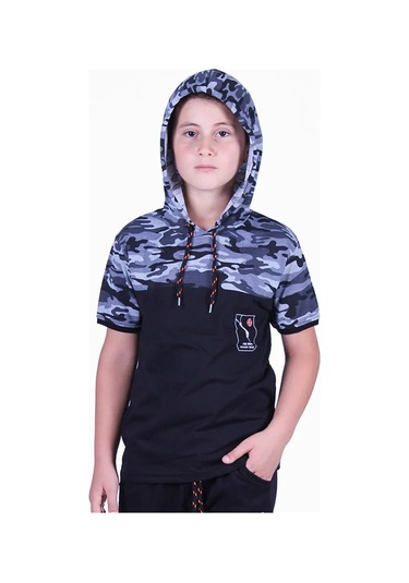 Kamuflaj Desenli Kapşonlu Gri Erkek Çocuk T-shirt Gri