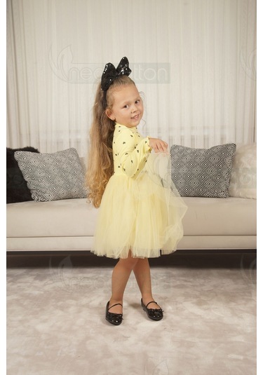 Kız Bebek-çocuk Uzun Kollu Doğum Günü Ve Özel Günler İçin Kalpli Tüllü Astarlı Elbise Sarı