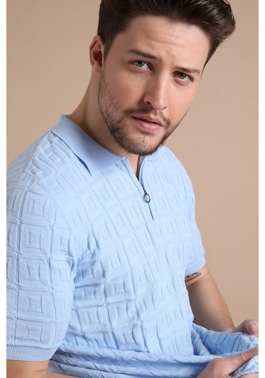 Ferraro Mavi Polo Yaka Fermuarlı Erkek Pamuk Triko T-Shirt-Mavi (490417758) Mavi