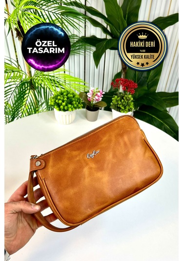 Rewoler Antik Taba Çift Fermuarlı Hakiki Deri El Çantası Antik Taba