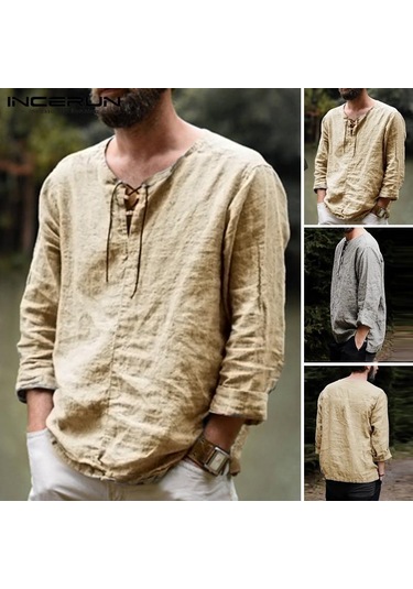 Haki Incerun %100 Pamuk Erkek Uzun Kollu Bağcıklı Gömlek Vintage Düz Renk Rahat Gömlek Üstleri S-xxxxxl Haki