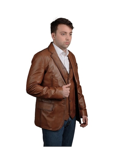 Derije Armada Hakiki Deri Erkek Taba Blazer Ceket & Yelek