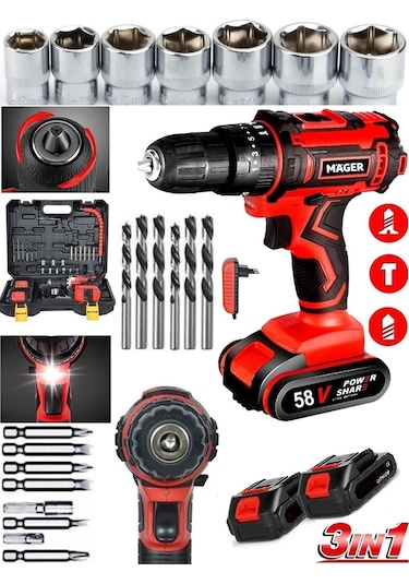 Mager Metal Şanzıman Darbeli 58 Watt 8 Ah Alman Li-ıon Bataryalı Çift Akülü Vidalama Matkap