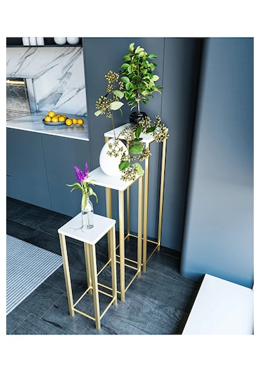 Dekoratif Saksılık 3lü Saksı Standı Gold Ayak Çok Amaçlı Metal Gold Ayaklı Yan Sehpa Saksılık Beyaz