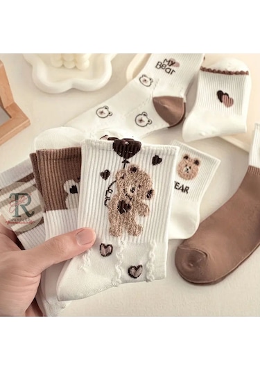 Trampler Kadın 5 Çift Ayı Balon Kalp Desenli Mevsimlik Şık Çorap Kahverengi