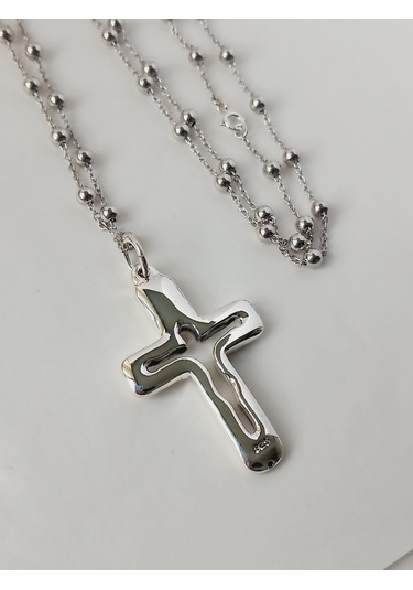 Top Zincirli Bombe Haç Silüet Tasarım Gümüş Erkek Kolye