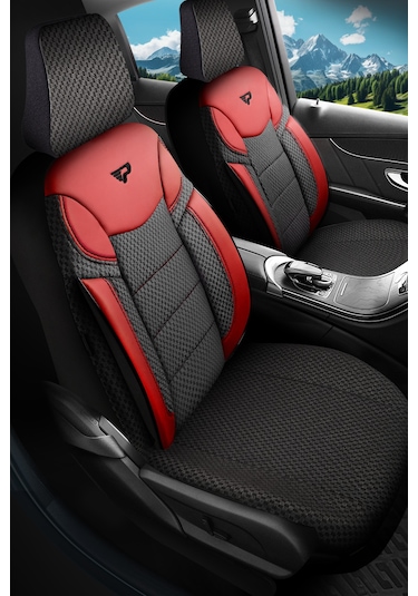 Siyah - Kırmızı Garni Panda Dragon Serisi Dokuma Kumaş Oto Koltuk Kılıfı - Tam Set