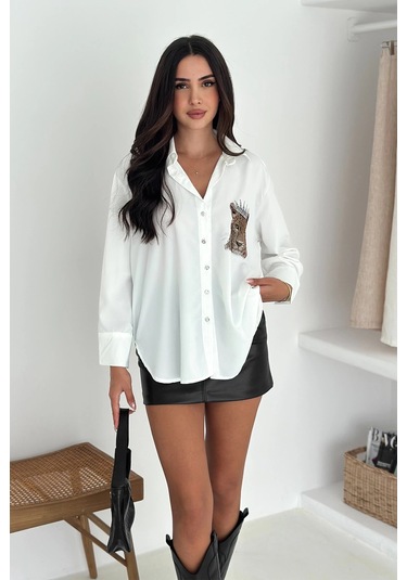 Kaplan Desen Taç Baskılı Taşlı Gömlek Beyaz