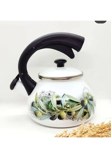 Zeytin Dekor Vintage Emaye Düdüklü Kettle Demlik 2,4 Litre Yeşil