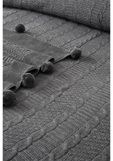 Çift Kişilik Ponponlu Triko Örme Battaniye Koyu Gri