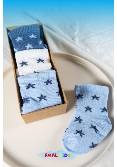 6 Çift Erkek Bebek Çorap Kutulu Patik Boy Yıldız Desenli, Pamuklu MAvi