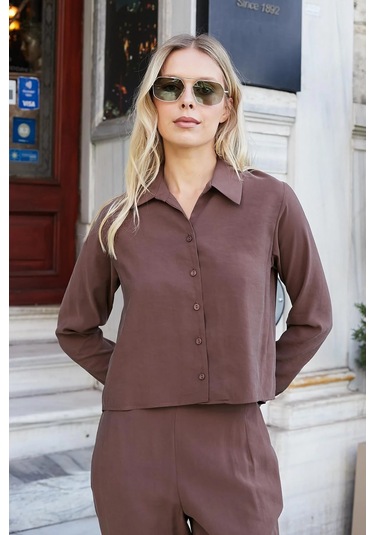 Kadın Likrasız Modal Kumaş Uzun Kol Hafif Kısa Gömlek-kahve Kahve