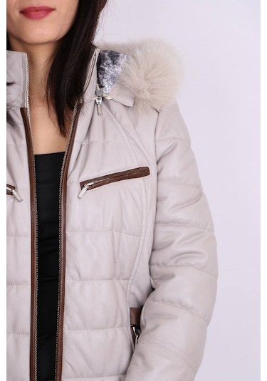 Ekru Hakiki Deri Kürklü Çıkarılabilir Kapüşonlu Kapitoneli Mont K