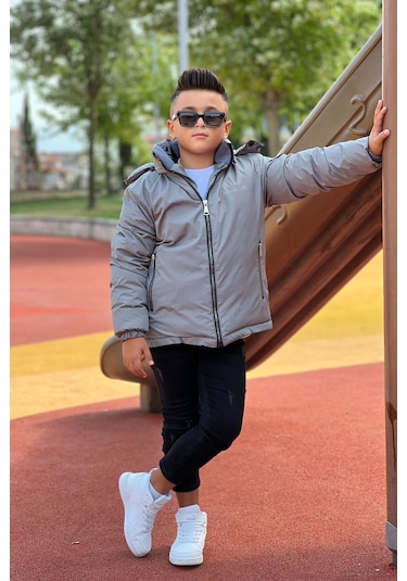 Erkek Çocuk Çıkarılabilir Kapüşonlu Baskılı Yakası Detaylı Kışlık Mont Km3501 Füme