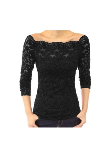 Kadın Üstler Eğik Yaka Uzun Kollu Dantel Gömlek Oyuk Dantel Eklemeli Düz Renk Dar Kesim Nakış Dantel Çiçekli Üstler Siyah
