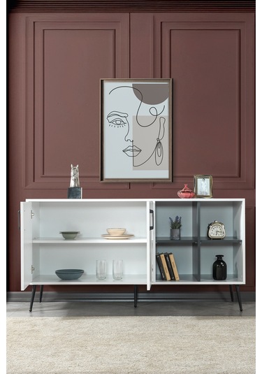 4612 Şile Metal Ayaklı Metal Kulplu Konsol - Yemek Odası - Salon Odası Beyaz Beyaz - Antrasit