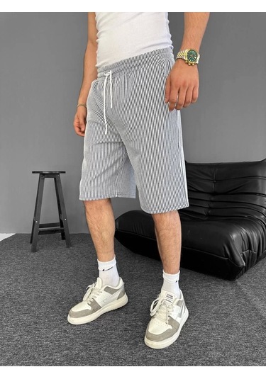 Su Yolu Çizgili Ön Arka Cepli Şort Yazlık Nefes Alabilir - Gri Gri